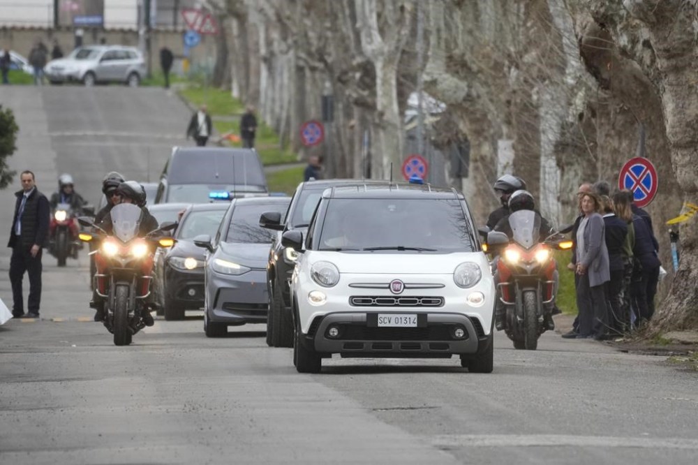 Pope Francis arrives at the Rebibbia prison to celebrate the Last Supper mass with inmates on Holy Thursday, in Rome, Thursday, March 28, 2024. (AP Photo/Andrew Medichini)
