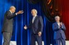 President Joe Biden, center, and former presidents Barack Obama and Bill Clinton participate in a fundraising event with Stephen Colbert at Radio City Music Hall, Thursday, March 28, 2024, in New York. (AP Photo/Alex Brandon)