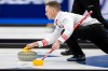 Canada's skip Brad Gushue delivers a stone against the Czech Republic at the men's Curling World Championships in Schaffhausen, Switzerland, Saturday, March 30, 2024. (Michael Buholzer/Keystone via AP)