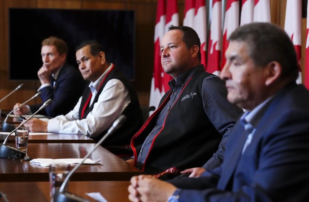 Three Innu communities in Quebec are acusing the provincial government of acting in bad faith a year after the deadline passed to conclude the Petapan Treaty, which has been under negotiation for more than 40 years. Minister of Crown-Indigenous Relations Marc Miller, left to right, joins Chiefs of the Innu communities forming the Regroupement Petapan, Real Tettaut (Nutashkuan), Martin Dufour (Essipit), and Gilbert Dominique (Mashteuiatsh) at a press conference in Ottawa, Thursday, May 4, 2023. THE CANADIAN PRESS/Sean Kilpatrick