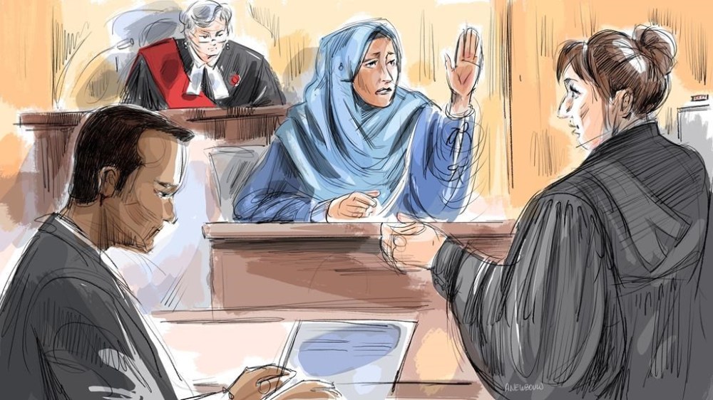 Umar Zameer, left to right, Justice Anne Molloy, Aaida Shaikh and Crown Karen Simone are shown in this courtroom sketch on in Toronto on Tuesday, April 2, 2024. Zameer has pleaded not guilty to first-degree murder in the death of Const. Jeffrey Northrup.THE CANADIAN PRESS/Alexandra Newbould