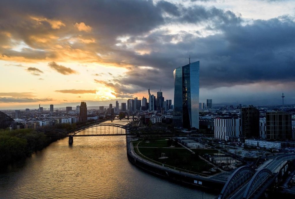 The European Central Bank is pictured near the river Main in Frankfurt, Germany, after sunset on Sunday, March 24, 2024. (AP Photo/Michael Probst)