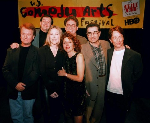Former cast members of SCTV are reunited at the U.S. Comedy Arts Festival on Saturday, March 6, 1999 in Aspen, Colo. From left front row are: Dave Thomas; Catherine O'Hara; Andrea Martin; Eugene Levy; and Martin Short. In the back row are Joe Flaherty, left, and Harold Ramis.
Eugene Levy says his 