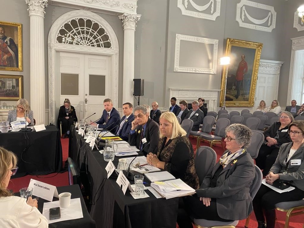 Nova Scotia Liberal member and former premier Iain Rankin, (far left) Liberal Leader Zach Churchill, former party president Joseph Khoury, party president Margaret Miller and Elections Nova Scotia chief electoral officer Dorothy Rice (far right) appear before the Nova Scotia legislature’s public accounts committee on Wednesday April 3, 2024. Liberal party officials told the committee their handling of a case where thousands of dollars in public funds were misused by a former employee was “above board” and legal. THE CANADIAN PRESS/Keith Doucette