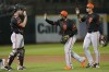 San Francisco Giants' Joey Bart, from left, celebrates with Pablo Sandoval and Blake Sabol after the Giants defeated the Oakland Athletics in a spring training baseball game in Oakland, Calif., Monday, March 25, 2024. (AP Photo/Jeff Chiu)