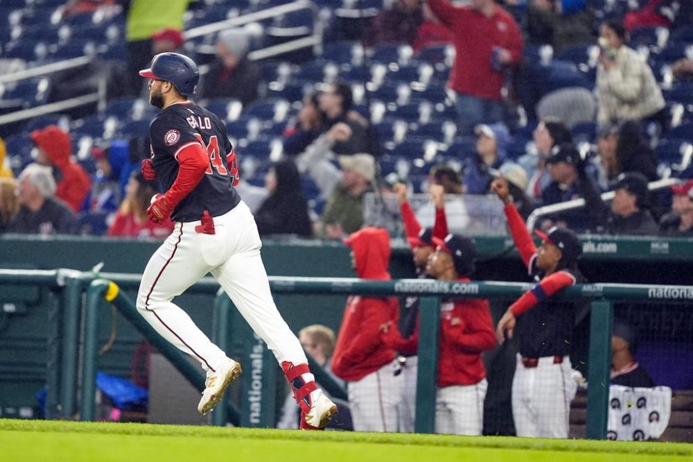 Washington Nationals' Joey Gallo runs the bases for his solo home run during the second inning of a baseball game against the Pittsburgh Pirates, at Nationals Park, Wednesday, April 3, 2024, in Washington. (AP Photo/Alex Brandon)