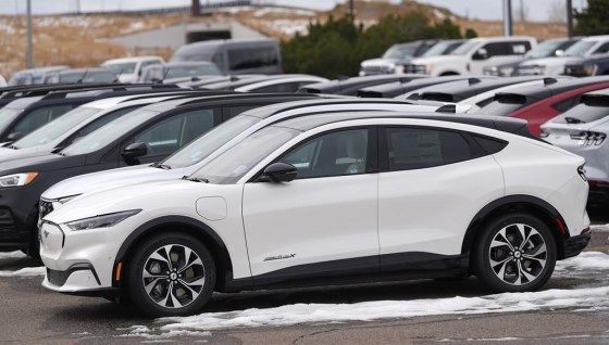 Unsold 2024 Mustang Mach-E electric vehicles sit in a long row at a Ford dealership in 2024, in Broomfield, Colo. (David Zalubowski / The Associated Press files)