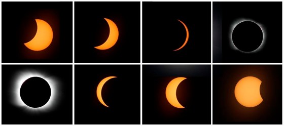 In a total eclipse, the entire sun is blocked by the moon (image at top, far right). In a partial eclipse, only part of the sun is blocked by the moon, as pictured in the other images. (Ted S. Warren / The Associated Press files)