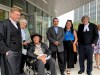 Two First Nations men wrongfully convicted of murdering a restaurant worker in 1973 are suing three levels of government, saying their imprisonment was the result of racial discrimination. Jerome Kennedy, one of the lawyers for the two men and director of Innocence Canada, front left to right, newly acquitted Allan Woodhouse and Brian Anderson, and James Lockyer, another lawyer for the two men and also director of Innocence Canada, speak to the media outside the Winnipeg Law Courts in Winnipeg on Tuesday, July 18, 2023. THE CANADIAN PRESS/Brittany Hobson