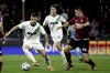 Sassuolo's Andrea Pinamonti, left, in action against Salernitana's Lorenzo Pirola, right, during the Serie A soccer match between Salernitana and Sassuolo at the Arechi Stadium in Salerno, Italy, Friday April 5 , 2024. (Alessandro Garofalo/LaPresse via AP)