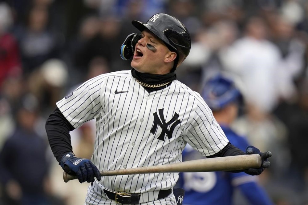 New York Yankees' Alex Verdugo reacts after flying out for the last out of the baseball game against the Toronto Blue Jays at Yankee Stadium Friday, April 5, 2024, in New York. The Blue Jays defeated the Yankees 3-0. (AP Photo/Seth Wenig)