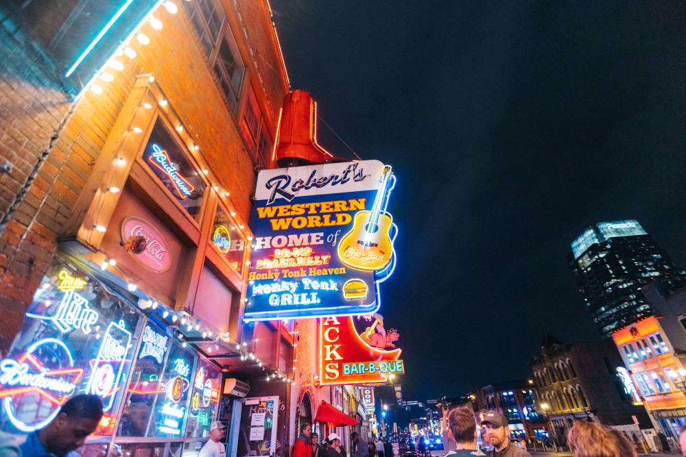 Nashville Convention & Visitors Corp.
A stroll down Lower Broadway puts visitors into the heart of the honky tonks — live music establishments that NEVER charge a cover.