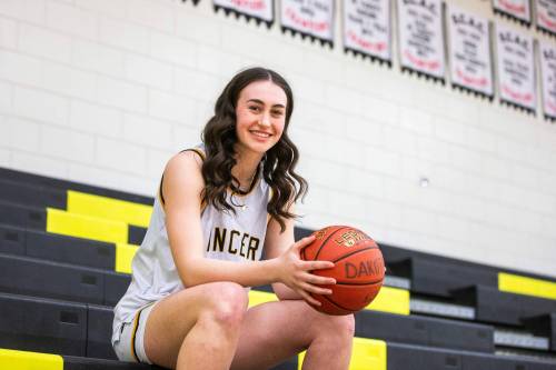 MIKAELA MACKENZIE / FREE PRESS Top 10 varsity girls basketball coaches poll basketball player Izzi Fust at Dakota Collegiate on Thursday, March 7, 2024. For sports story.