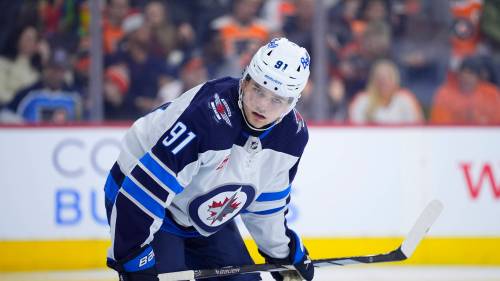 Winnipeg Jets&rsquo; Cole Perfetti plays during an NHL hockey game, Thursday, Feb. 8, 2024, in Philadelphia. (AP Photo/Matt Slocum)