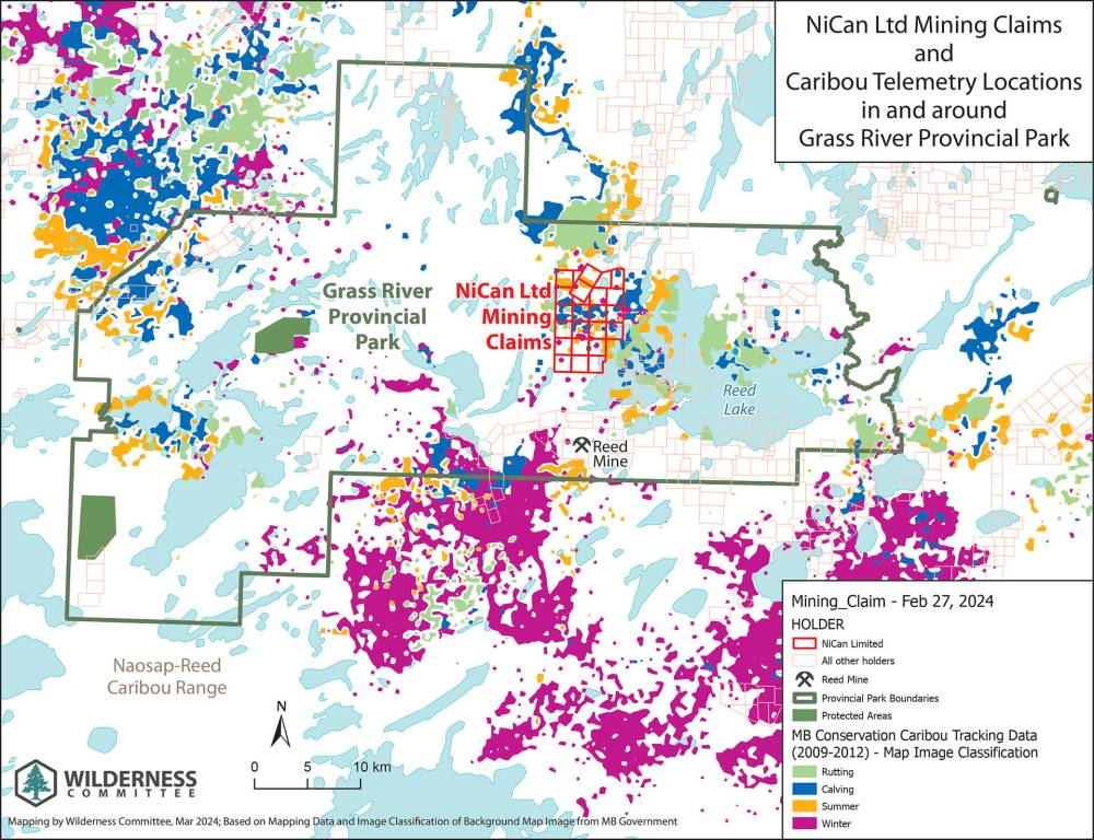 NiCan Ltd. Mining Claims and Caribou Telemetry Locations in and around Grass River Provincial Park. (Wilderness Committee)