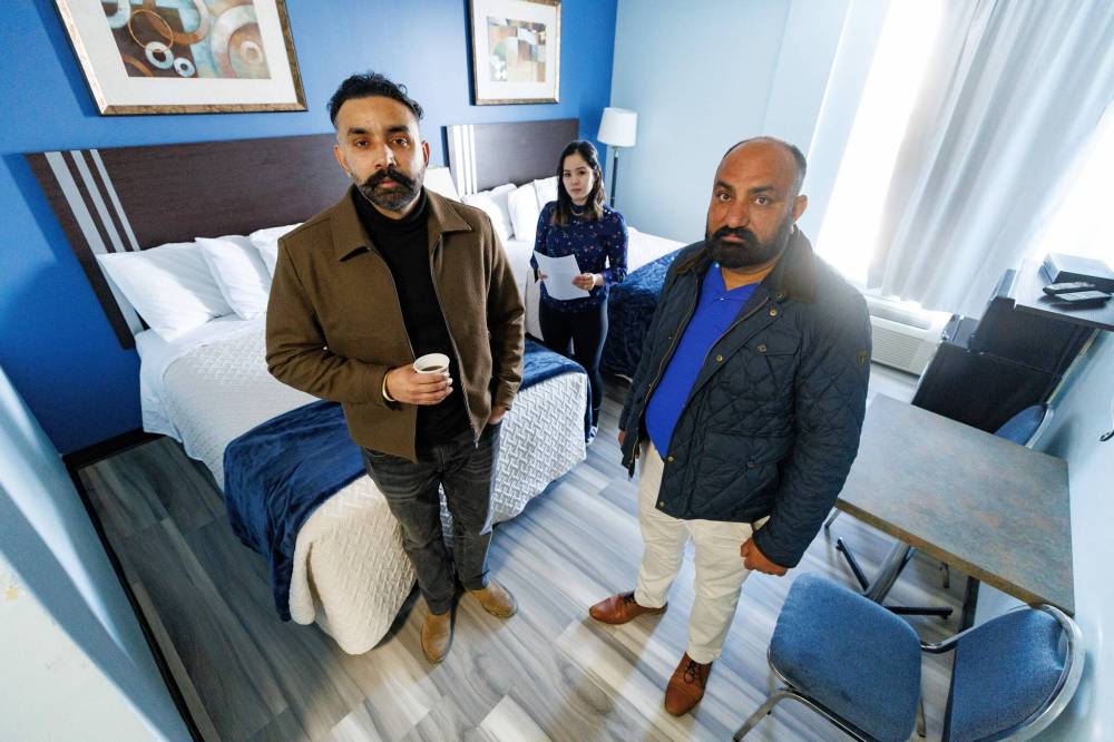 MIKE DEAL / FREE PRESS
Two of the three new owners of the Balmoral Hotel which will be called the Pimicikamak Wellness Centre, Kam Khaira (left) and Mithu Brar (right) with manager Rubi Derecho (centre).