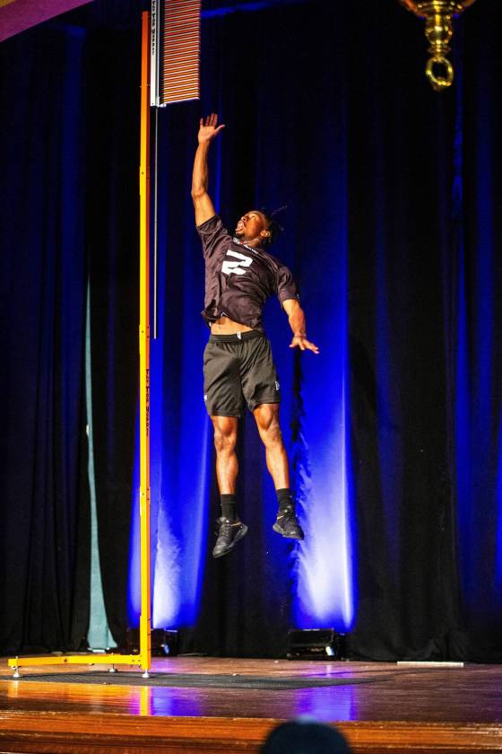 University of Manitoba Bison AK Gassama performs the vertical jump test, where he scored 34-1/2 inches, during the CFL Combine at the Hotel Fort Garry in Winnipeg on Thursday. (Mikaela MacKenzie / Free Press)