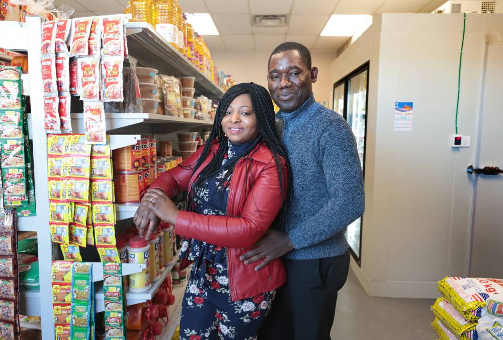 RUTH BONNEVILLE / FREE PRESS
African Varieties Store owners Wuraola and Sejiro Giwa at their shop at 1100 Concordia Ave. The Nigerian couple decided to open a grocery store that caters to the growing African community
in part to assist newcomers maintain a link to their birthplace and find specialty food from home