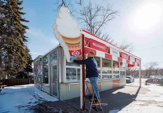 Justin Jacob, owner of Bridge Drive Inn, has started spring cleaning. The the iconic ice cream stop on Jubilee Avenue will open this weekend or next, depending on the weather. (Mike Deal / Free Press)