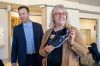 BROOK JONES / FREE PRESS Maja Kathan (right), who works as an occupational therapist at the Victoria General Hosptial, showing off a new pair of Skechers athletic shoes she received from Finance Minister Adrien Sala as part of the provincial government's pre-budget shoe event at the local hospital in Winnipeg, Man., Thursday, March 28, 2024. Sala handed out athletic shoes to five staff members at the Victoria Hospital.