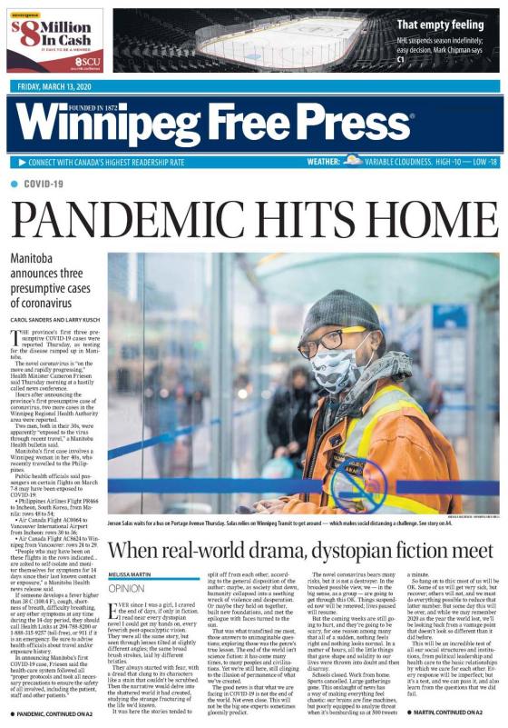 The Free Press front page for March 13, 2020.