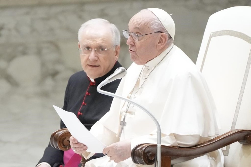 Pope Francis meets with volunteers of the Italian Red Cross in the Paul VI hall at the Vatican, Saturday, April 6, 2024. (AP Photo/Gregorio Borgia)