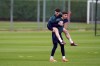 Arsenal's Declan Rice, left, and Kai Havertz, right, during a training session in London Colney, England, Monday, April 8, 2024. FC Arsenal will face FC Bayern Munich for a Champions League, quarter final first leg, soccer match on Tuesday, April 9, 2024. (John Walton/PA via AP)