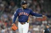 Houston Astros starting pitcher Framber Valdez reacts after a double play to end the top of the seventh inning of the team's baseball game against the Toronto Blue Jays, Tuesday, April 2, 2024, in Houston. (AP Photo/Eric Christian Smith)