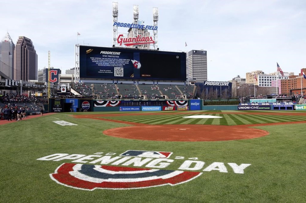 The field is ready for the Cleveland Guardians home opener baseball game against the Chicago White Sox, Monday, April 8, 2024, in Cleveland. (AP Photo/Ron Schwane)