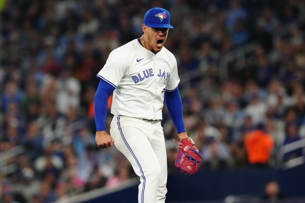 Toronto Blue Jays pitcher Jose Berrios (17) reacts during fifth inning American League MLB baseball action against the Seattle Mariners in Toronto on Monday, April 8, 2024. THE CANADIAN PRESS/Chris Young