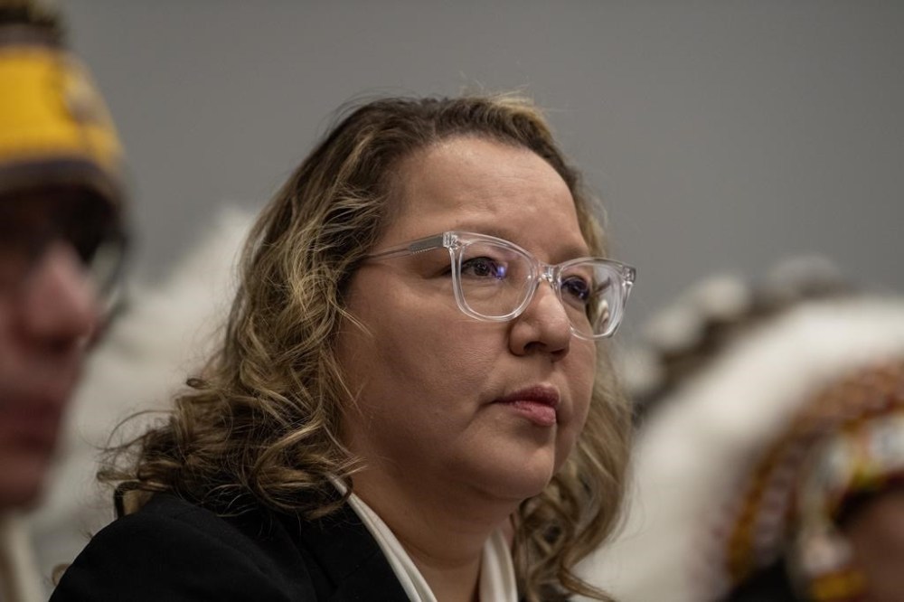 National Chief of the Assembly of First Nations Cindy Woodhouse Nepinak during a media event in Saskatoon on February 1, 2024. The AFN says decades of underfunding and failed fiduciary duties have created a $349-billion infrastructure gap, and it needs Ottawa's help to close it. THE CANADIAN PRESS/Liam Richards