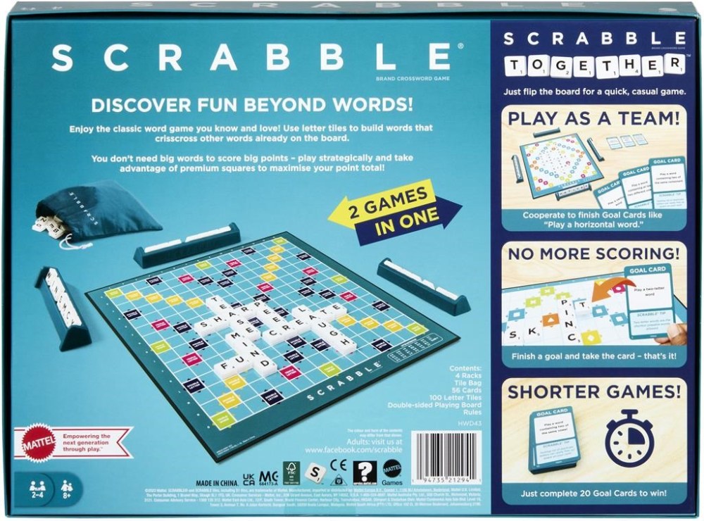 This photo provided by Mattel shows the new version of the board game Scrabble, that includes a new version called Scrabble Together. Mattel has unveiled a double-sided board that features both the classic word-building game and Scrabble Together, a new rendition aimed at making Scrabble more accessible “for anyone who finds word games intimidating.