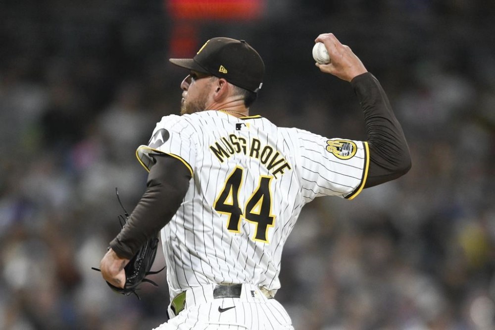 San Diego Padres starting pitcher Joe Musgrove delivers during the second inning of a baseball game against the Chicago Cubs, Tuesday, April 9, 2024, in San Diego. (AP Photo/Denis Poroy)