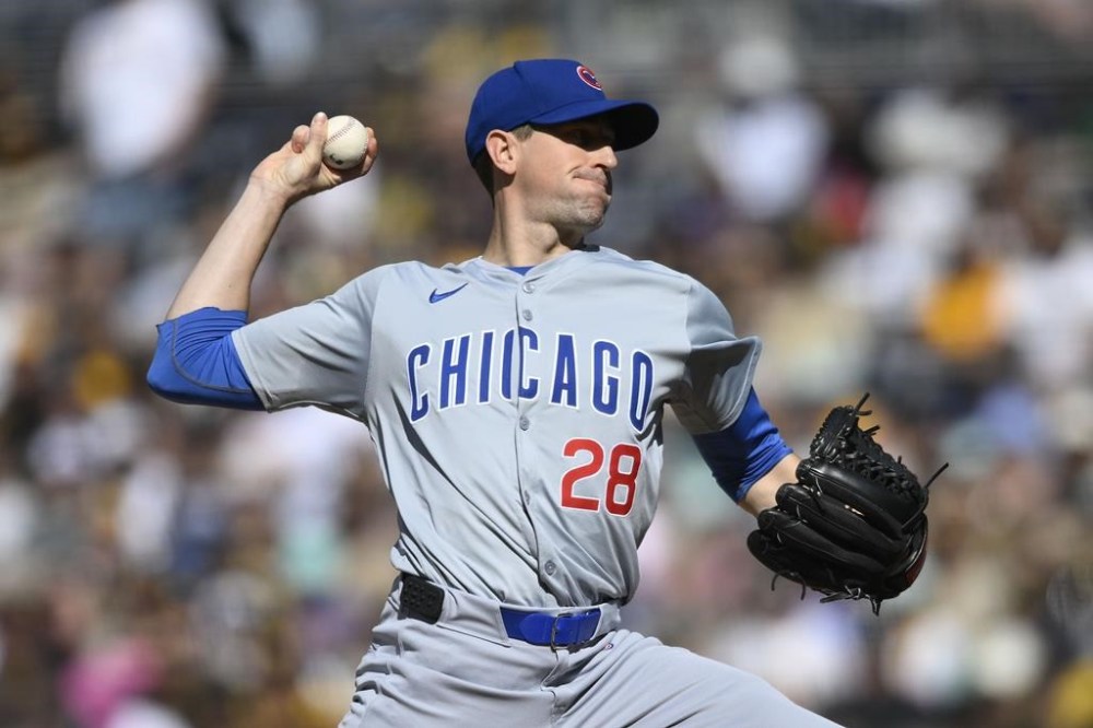 Chicago Cubs starting pitcher Kyle Hendricks delivers during the first inning of the team's baseball game against the San Diego Padres, Wednesday, April 10, 2024, in San Diego. (AP Photo/Denis Poroy)