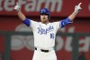 Kansas City Royals Hunter Renfroe celebrates a two-run double against the Houston Astros during the third inning during a baseball game Wednesday, April 10, 2024, in Kansas City, Mo. (AP Photo/Ed Zurga)