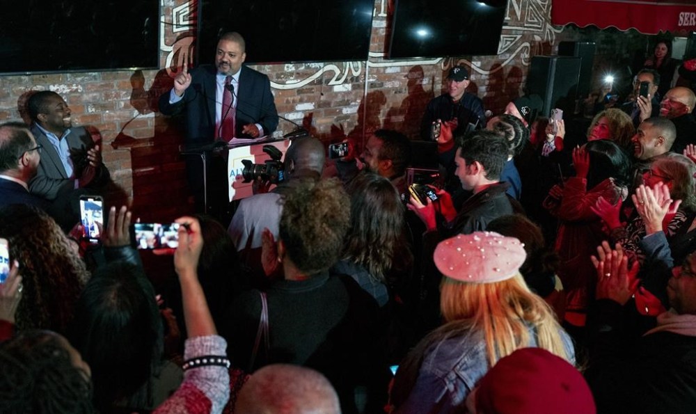 FILE - Manhattan District Attorney-elect Alvin Bragg, a former top deputy to New York's attorney general, speaks to supporters in New York, Tuesday, Nov. 2, 2021. As he prepares to bring the first of Donald Trump's four criminal prosecutions to trial, Manhattan District Attorney Alvin Bragg finds himself at the center of a political firestorm. (AP Photo/Craig Ruttle, File)