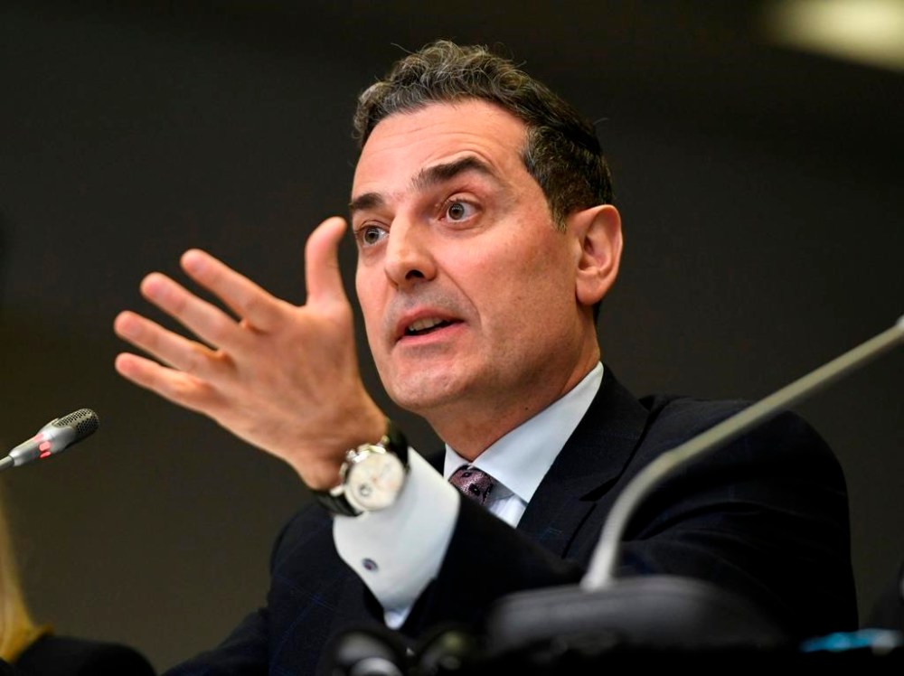 Mirko Bibic, president and CEO of BCE and Bell Canada speaks during a CRTC hearing in Gatineau, Que., on February 19, 2020. Mirko is defending his company's decision to layoff thousands of employees, citing a shift in Canadians viewing habits from traditional TV to online.
THE CANADIAN PRESS/Justin Tang