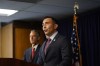 U.S. Attorney Martin Estrada announces charges against the former longtime interpreter for Los Angeles Dodgers star Shohei Ohtani during a news conference Thursday, April 11, 2024, in Los Angeles. Ippei Mizuhara is being charged with federal bank fraud for crimes involving gambling debts and theft of millions of dollars from the Japanese sensation, federal authorities said. (AP Photo/Ryan Sun)