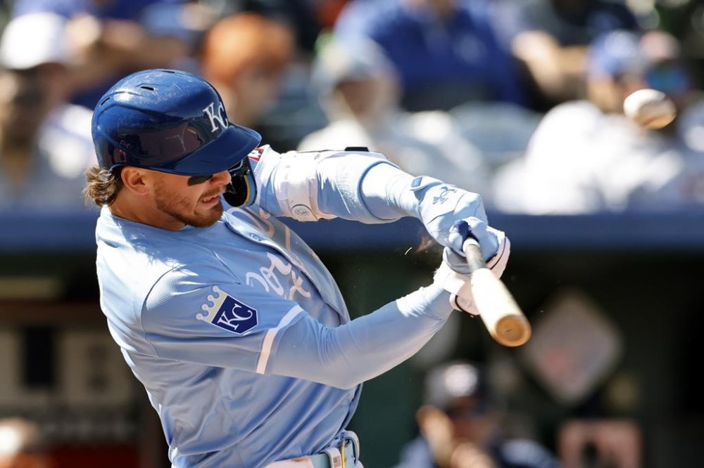 Kansas City Royals' Bobby Witt Jr. hits a three-run home run during the seventh inning of a baseball game against the Houston Astros in Kansas City, Mo., Thursday, April 11, 2024. (AP Photo/Colin E. Braley)