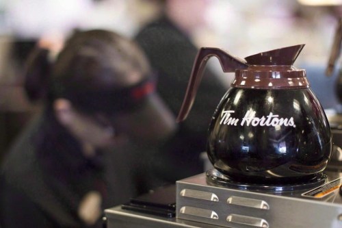 Freshly-brewed coffee sits on a hot plate in a Tim Hortons outlet in Oakville, Ont. on Sept.16, 2013. THE CANADIAN PRESS/Chris Young