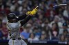 Pittsburgh Pirates' Edward Olivares' bat breaks during the fifth inning of a baseball game against the Philadelphia Phillies, Friday, April 12, 2024, in Philadelphia. (AP Photo/Matt Rourke)