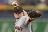 San Francisco Giants pitcher Logan Webb delivers to the Tampa Bay Rays during the first inning of a baseball game Saturday, April 13, 2024, in St. Petersburg, Fla. (AP Photo/Chris O'Meara)