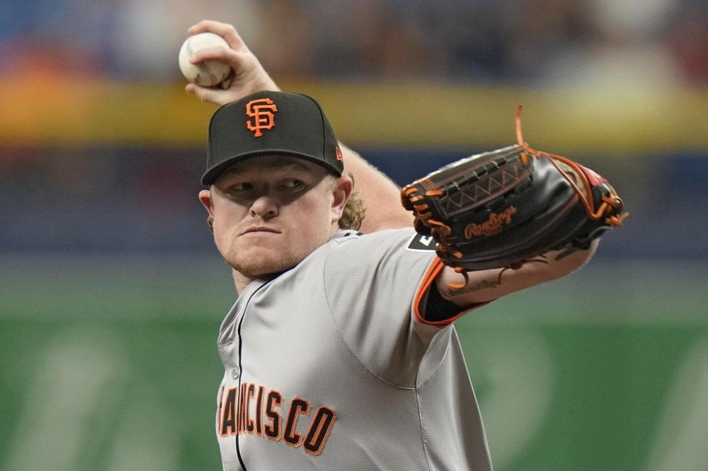 San Francisco Giants pitcher Logan Webb delivers to the Tampa Bay Rays during the first inning of a baseball game Saturday, April 13, 2024, in St. Petersburg, Fla. (AP Photo/Chris O'Meara)