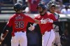 Cleveland Guardians' Gabriel Arias, right, is congratulated by Steven Kwan after hitting a solo home run off New York Yankees starting pitcher Nestor Cortes in the fifth inning of a baseball game, Sunday, April 14, 2024, in Cleveland. (AP Photo/David Dermer)