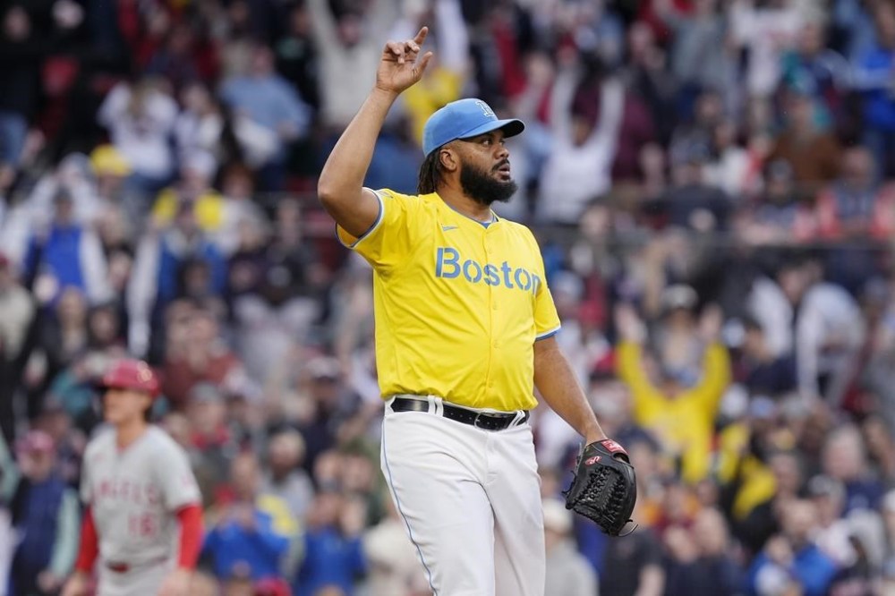 Boston Red Sox's Kenley Jansen reacts after striking out Los Angeles Angels' Mike Trout to end a baseball game Sunday, April 14, 2024, in Boston. (AP Photo/Michael Dwyer)