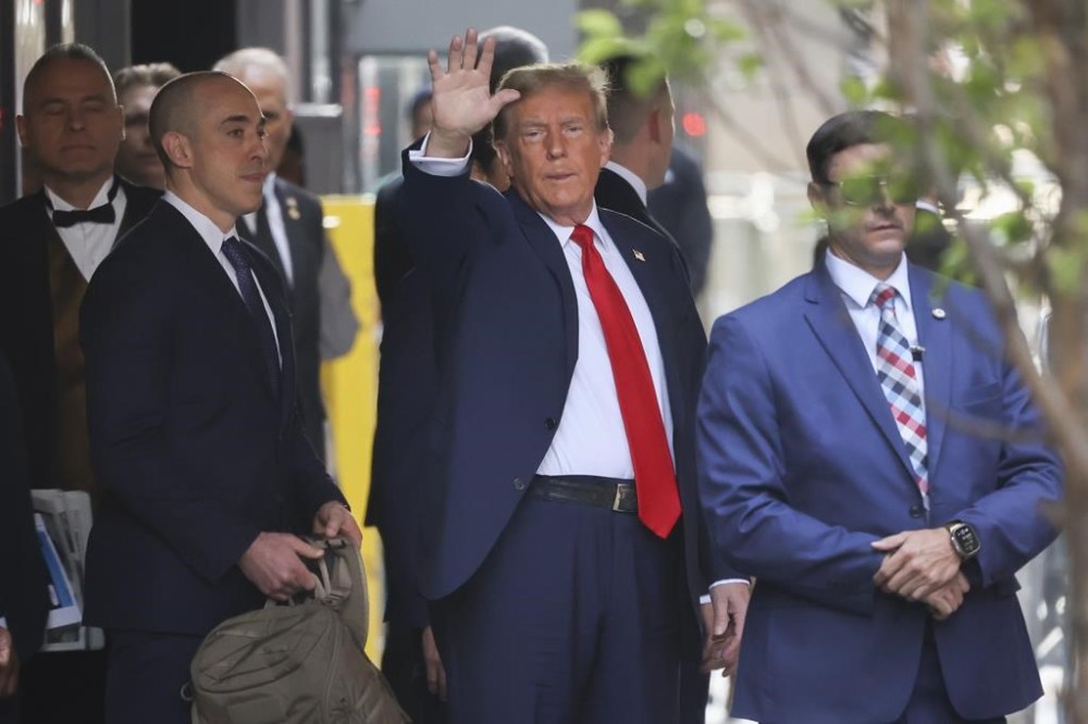 Former President Donald Trump leaves Trump Tower on his way to Manhattan criminal court, Monday, April 15, 2024, in New York. The hush money trial of former President Donald Trump begins Monday with jury selection. It's a singular moment for American history as the first criminal trial of a former U.S. commander in chief. (AP Photo/Yuki Iwamura)