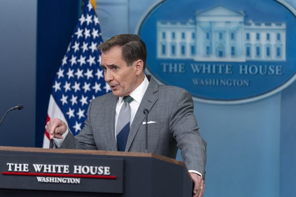 White House national security communications adviser John Kirby speaks during a press briefing at the White House, Monday, April 15, 2024, in Washington. (AP Photo/Alex Brandon)