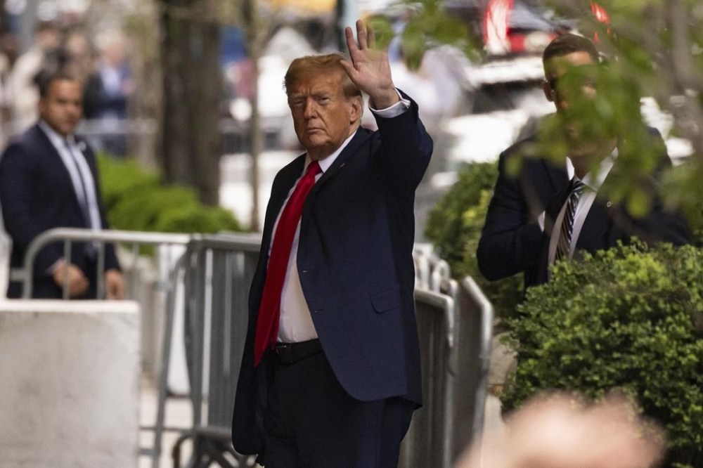 Former President Donald Trump arrives at Trump Tower after leaving Manhattan criminal court, Monday, April 15, 2024, in New York. The hush money trial of Trump begun Monday with jury selection. (AP Photo/Yuki Iwamura)