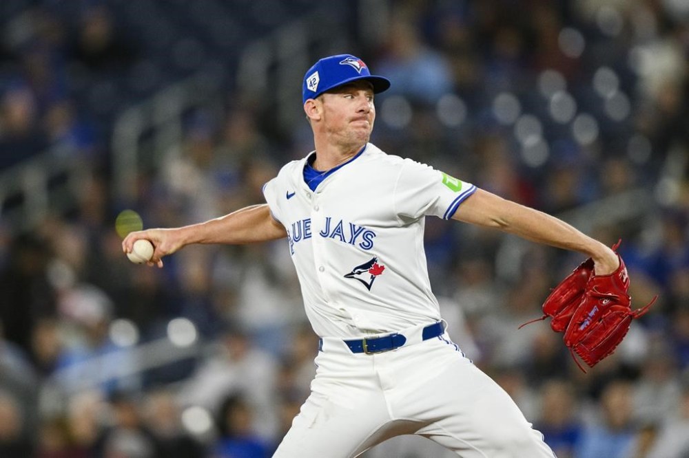 Toronto Blue Jays pitcher Chris Bassitt throws the ball during first inning MLB baseball action against the New York Yankees in Toronto on Monday, April 15, 2024.
THE CANADIAN PRESS/Christopher Katsarov