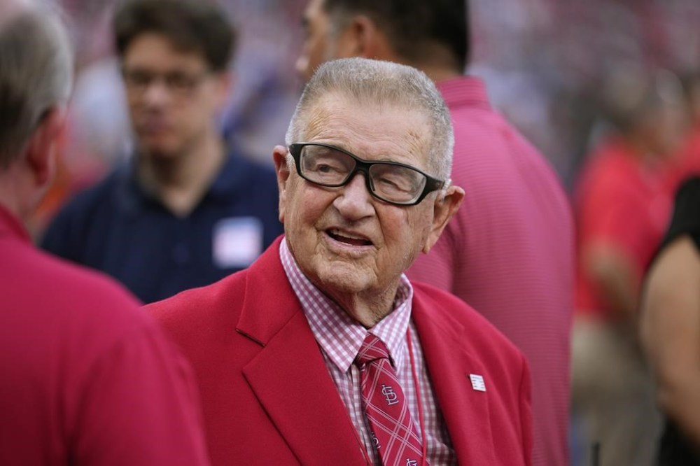 FILE - Former St. Louis Cardinals manager Whitey Herzog is seen before the start a baseball game between the St. Louis Cardinals and the New York Mets Saturday, Aug. 19, 2023, in St. Louis. Herzog, the gruff and ingenious Hall of Fame manager who guided the St. Louis Cardinals to three pennants and a World Series title in the 1980s and perfected an intricate, nail-biting strategy known as
